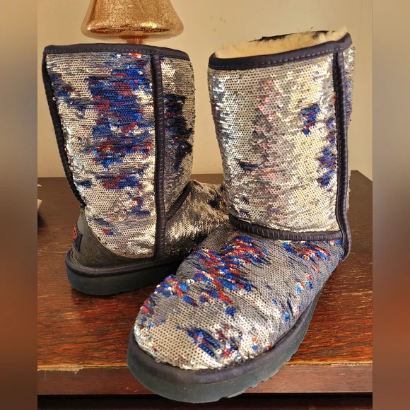 Limited edition Ugg blue orange sequin sheeling leather boots sz 7 - Picture 10 of 12